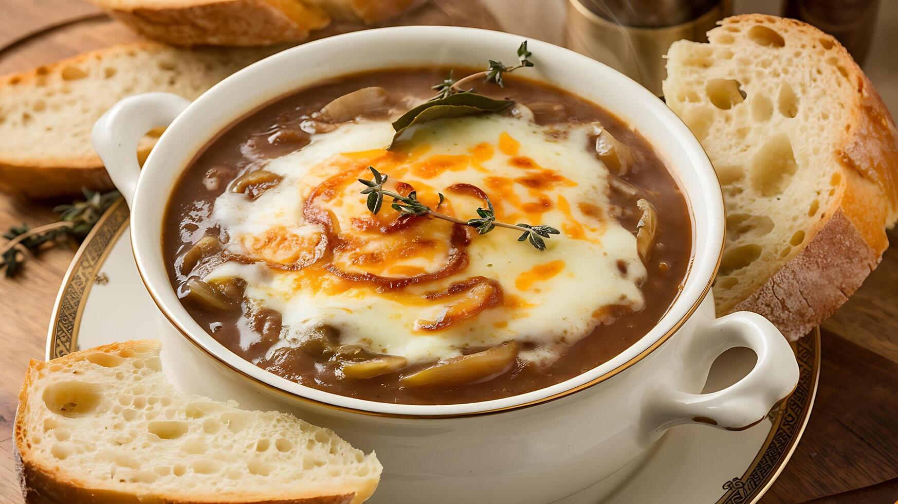 A bowl of soup with bread and cheese photo