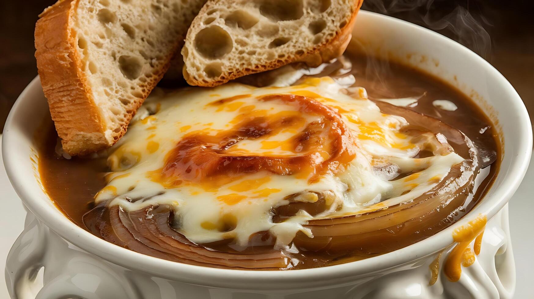 A bowl of soup with bread and cheese photo
