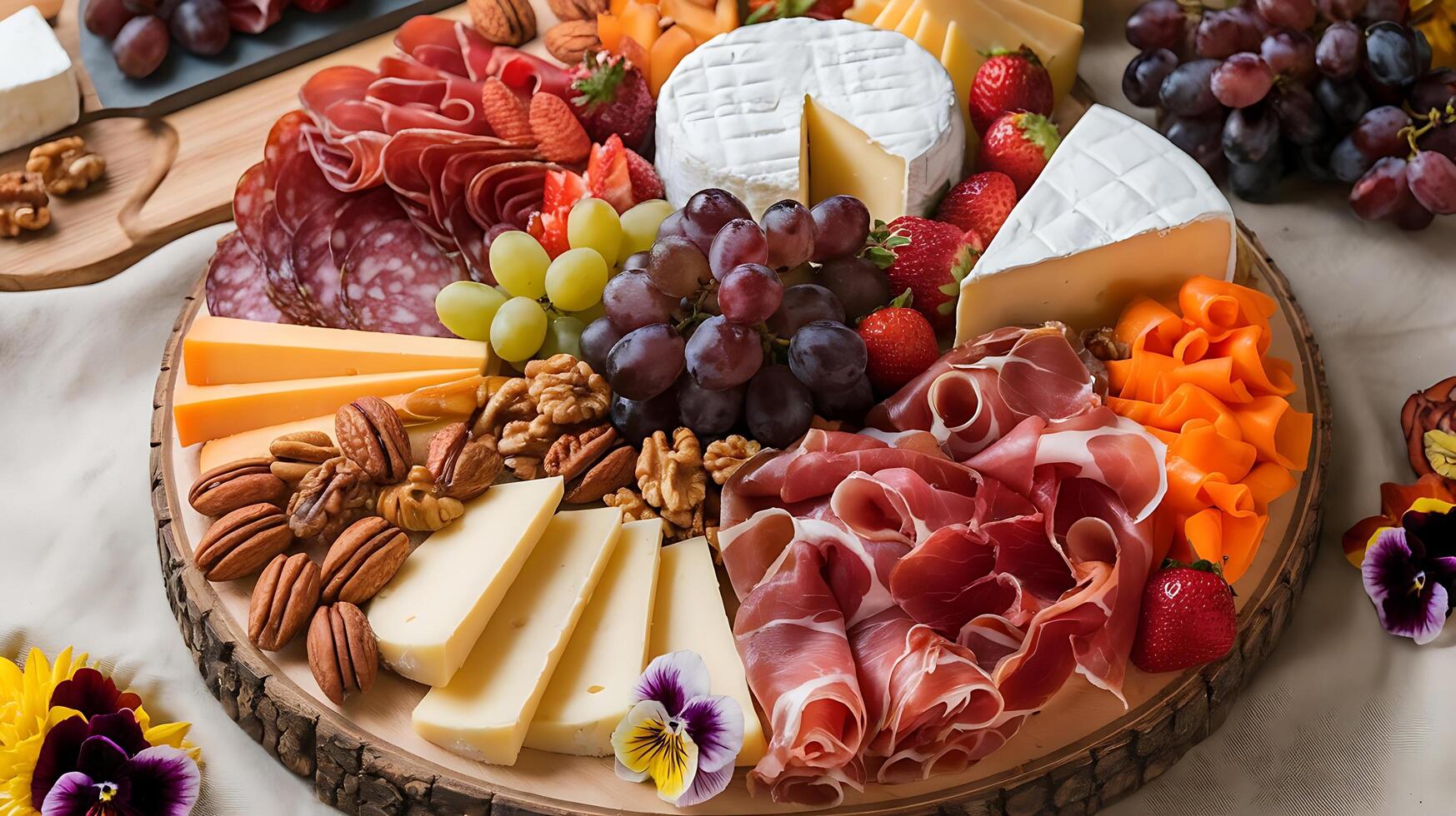 A platter of cheese, meats, fruit and nuts photo
