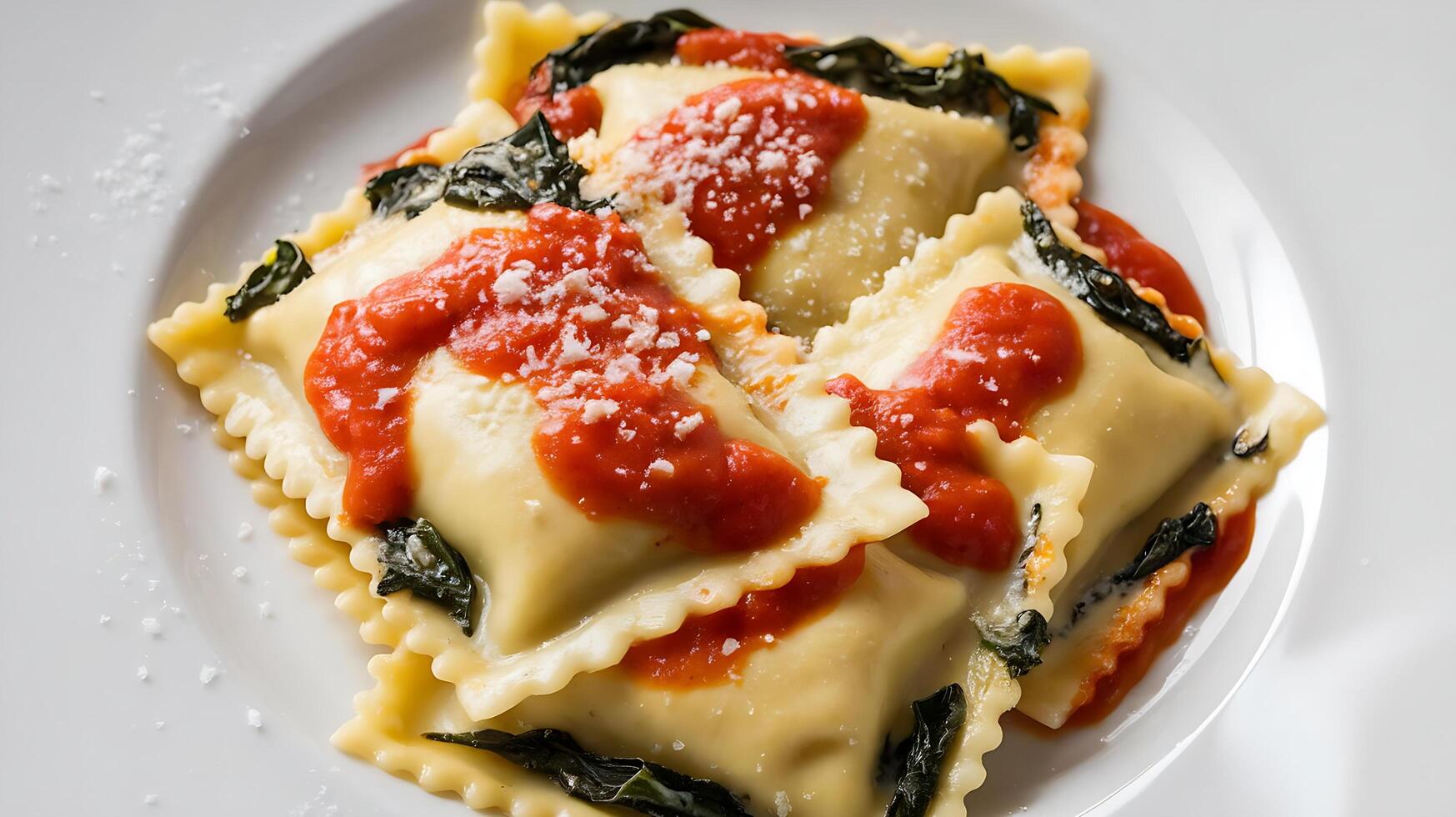 Three ravioli with tomato sauce and cheese on a white plate photo