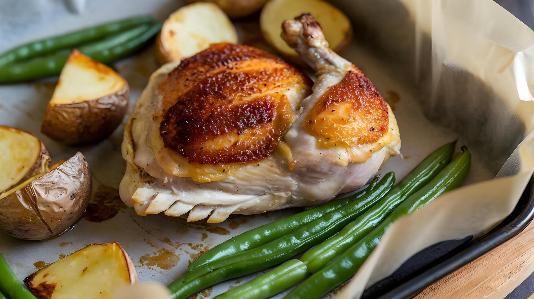 A chicken, potatoes and green beans are on a baking sheet photo