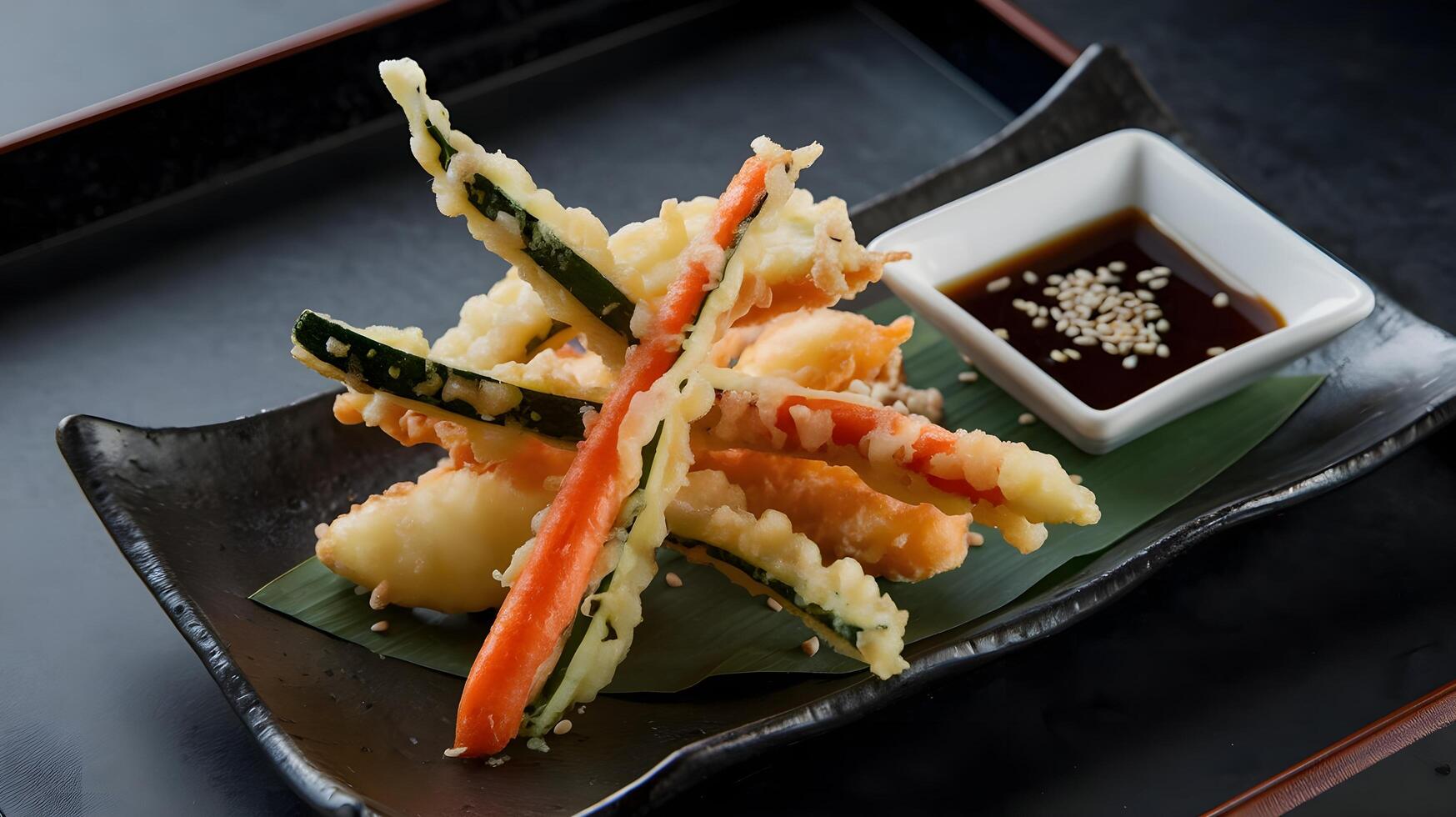 A black plate with a dish of food and sauce photo