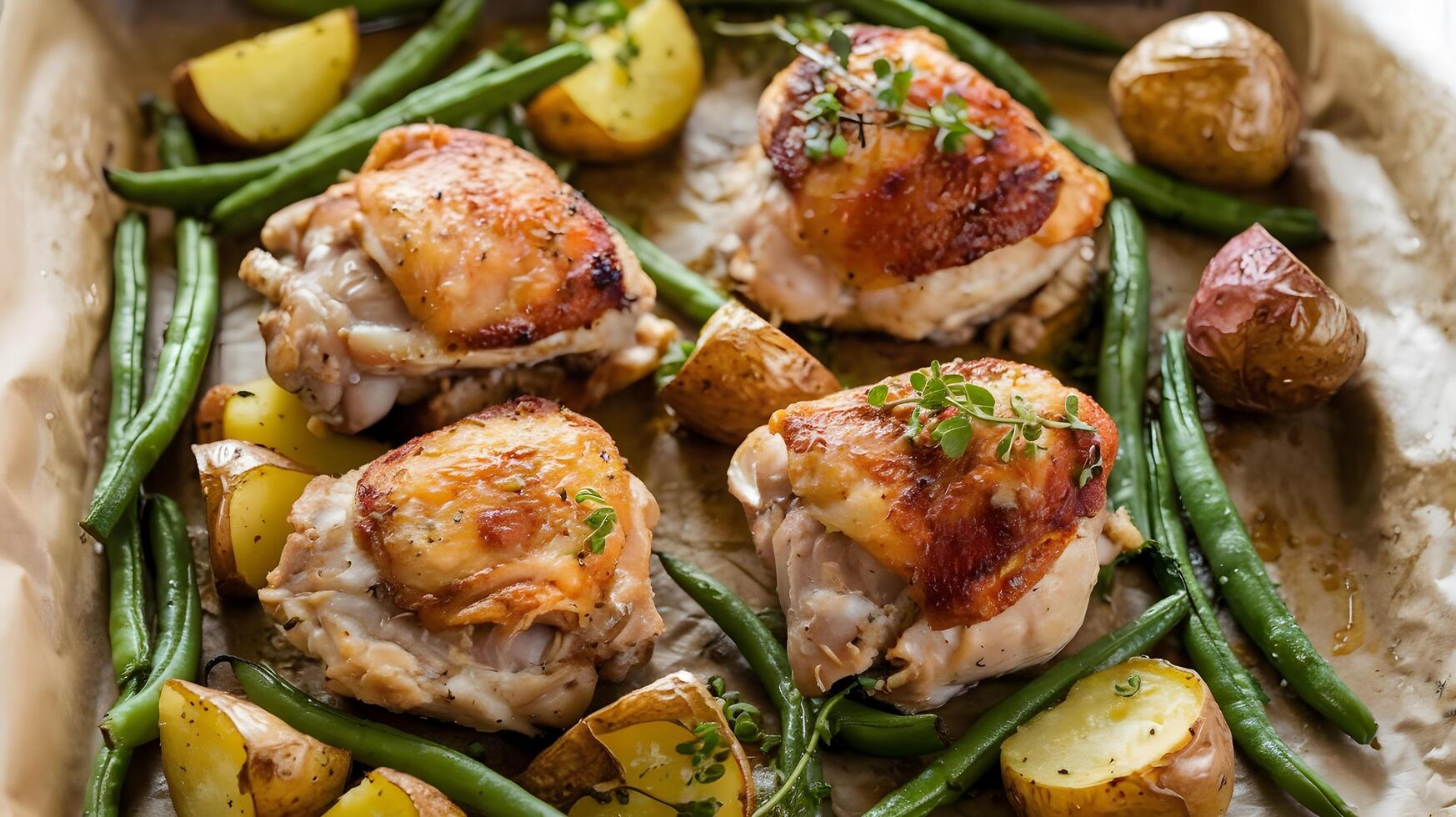 Chicken, potatoes and green beans on a baking sheet photo