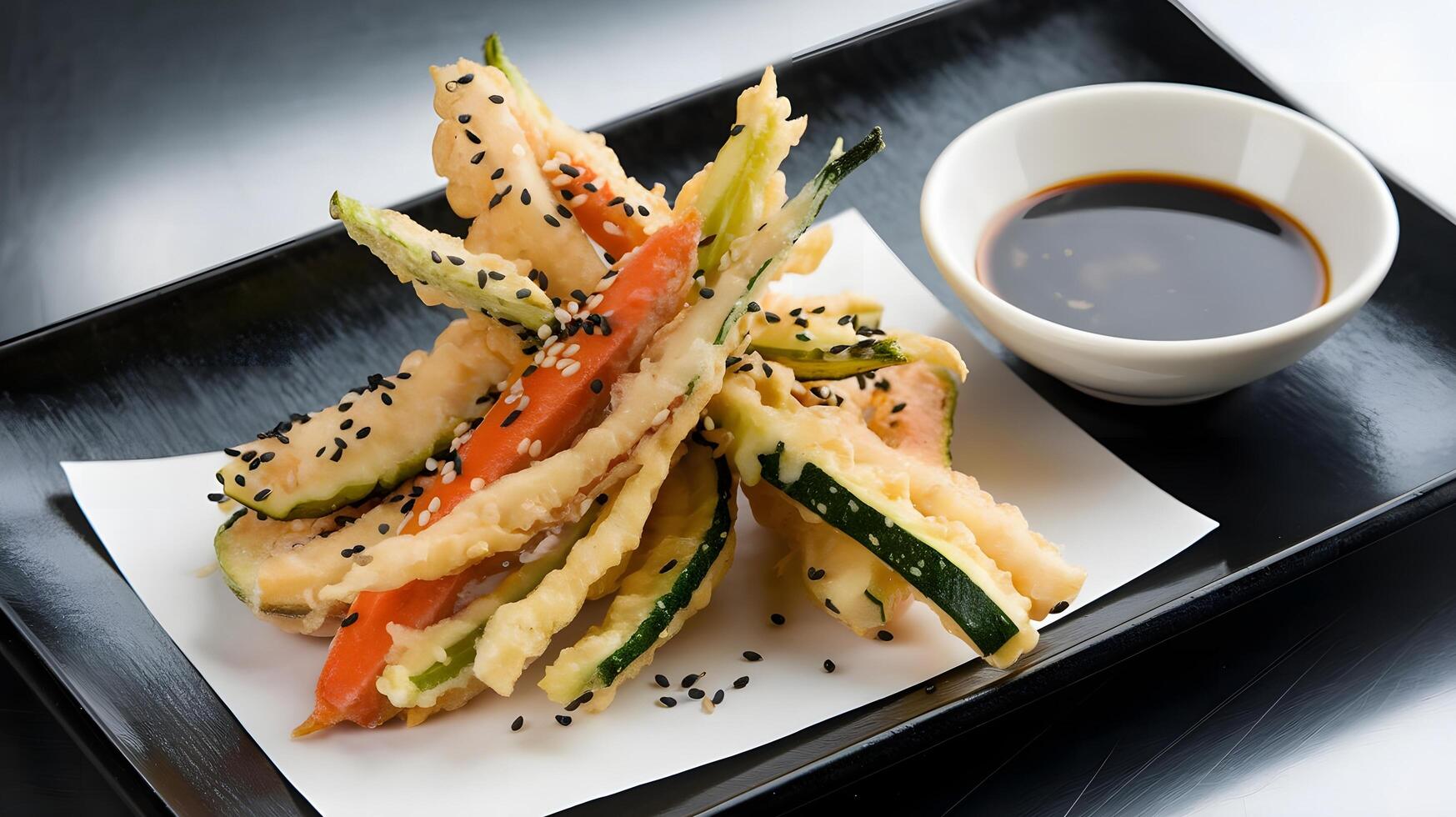 A plate with fried vegetables and dipping sauce photo