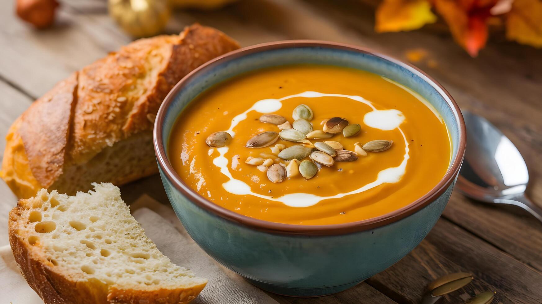 Pumpkin soup with pumpkin seeds and bread photo