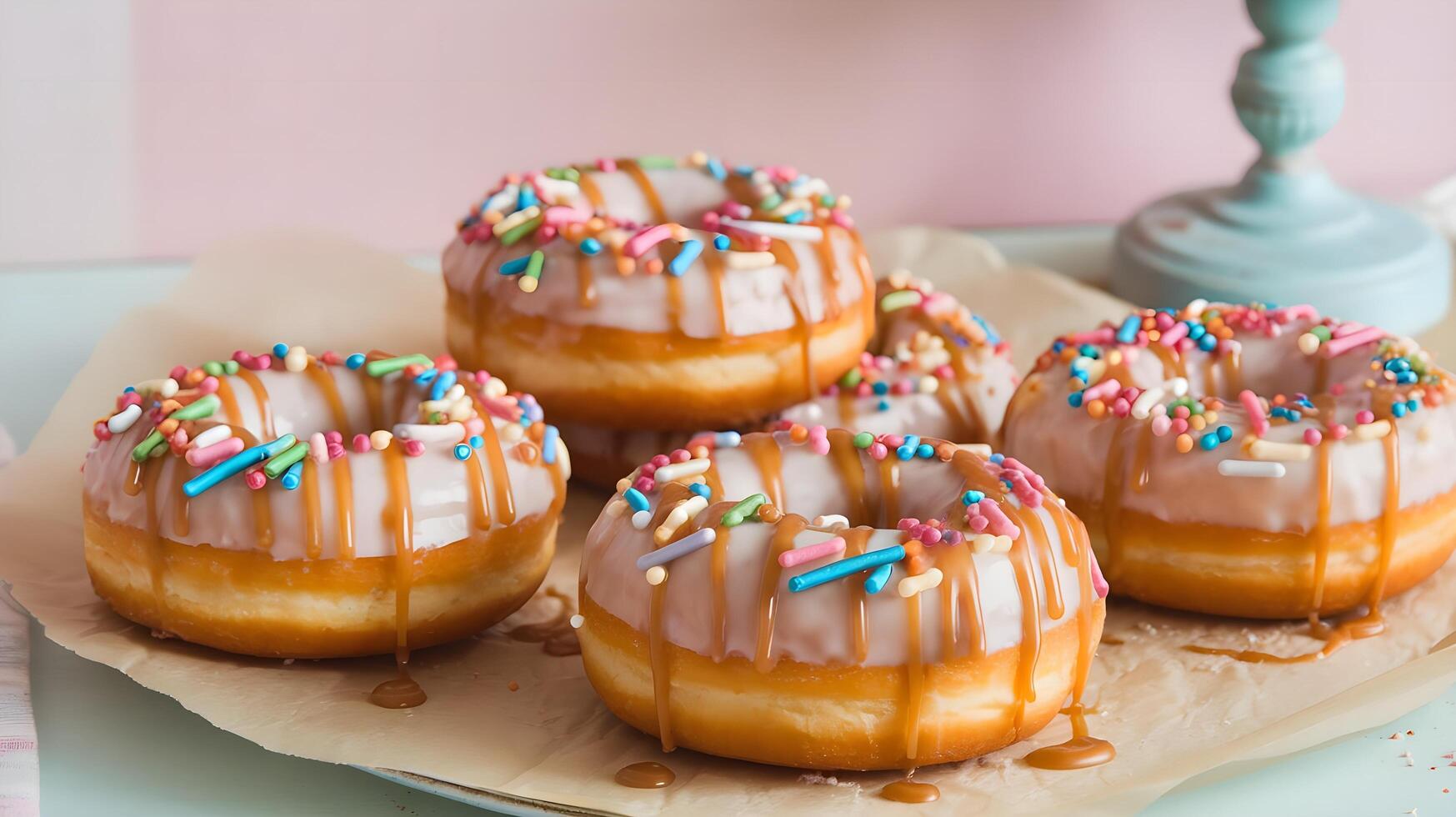 A plate with six donuts with sprinkles and frosting photo