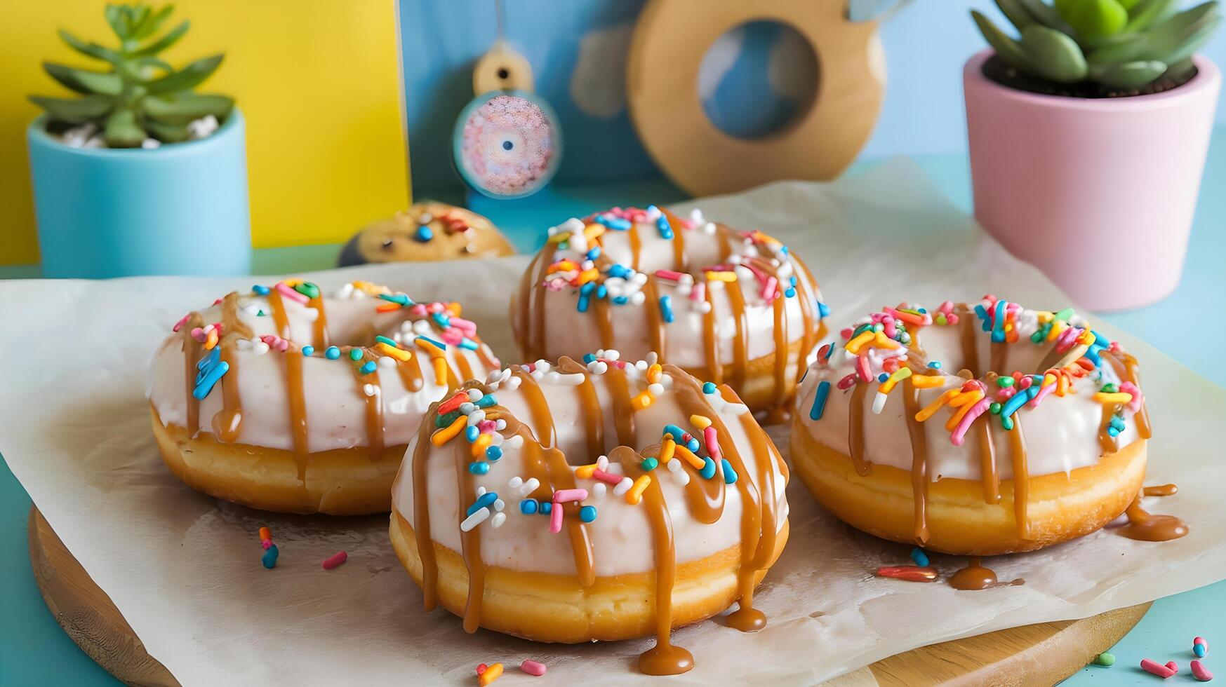 Four donuts with sprinkles and glaze on a table photo