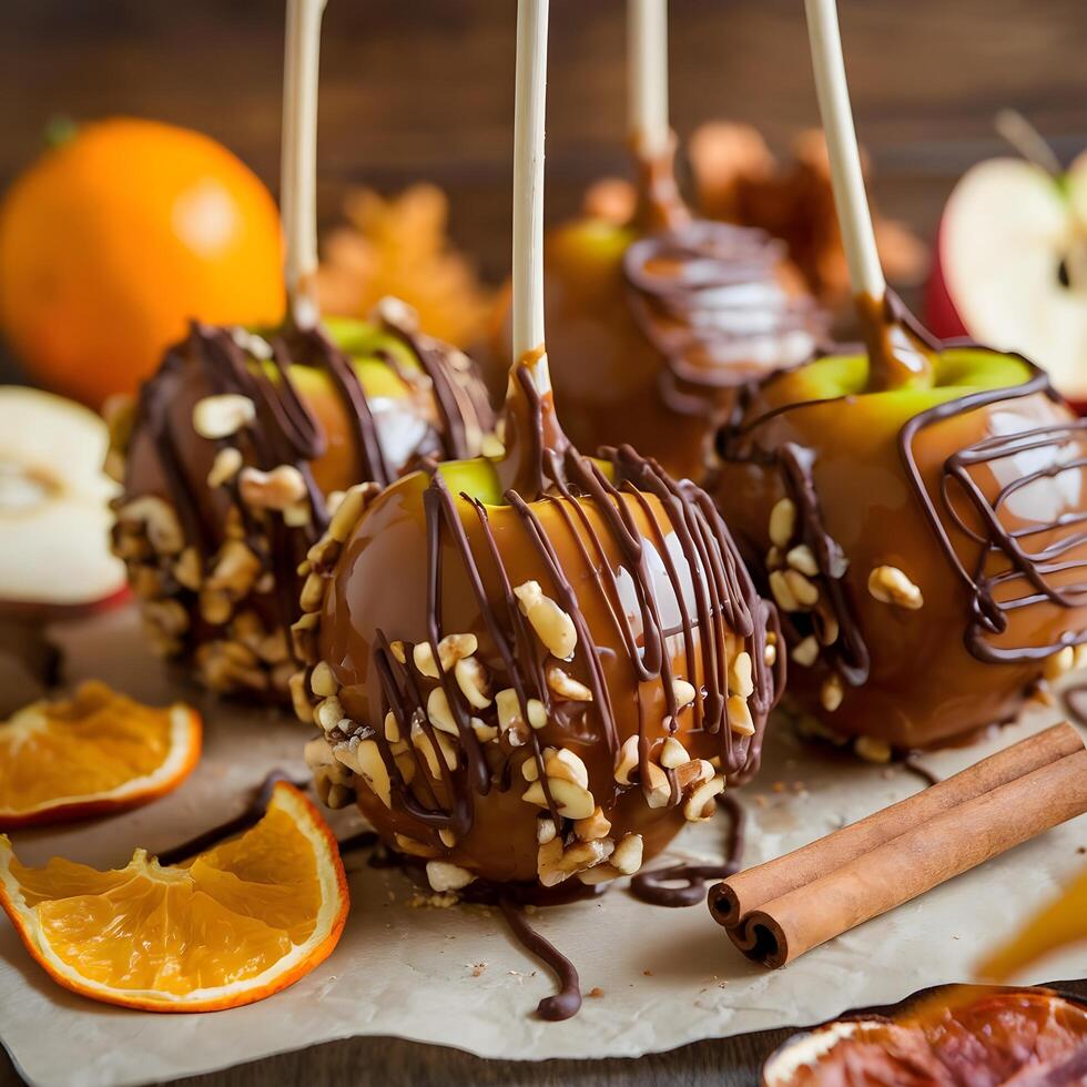 Chocolate covered apples with oranges and cinnamon sticks photo