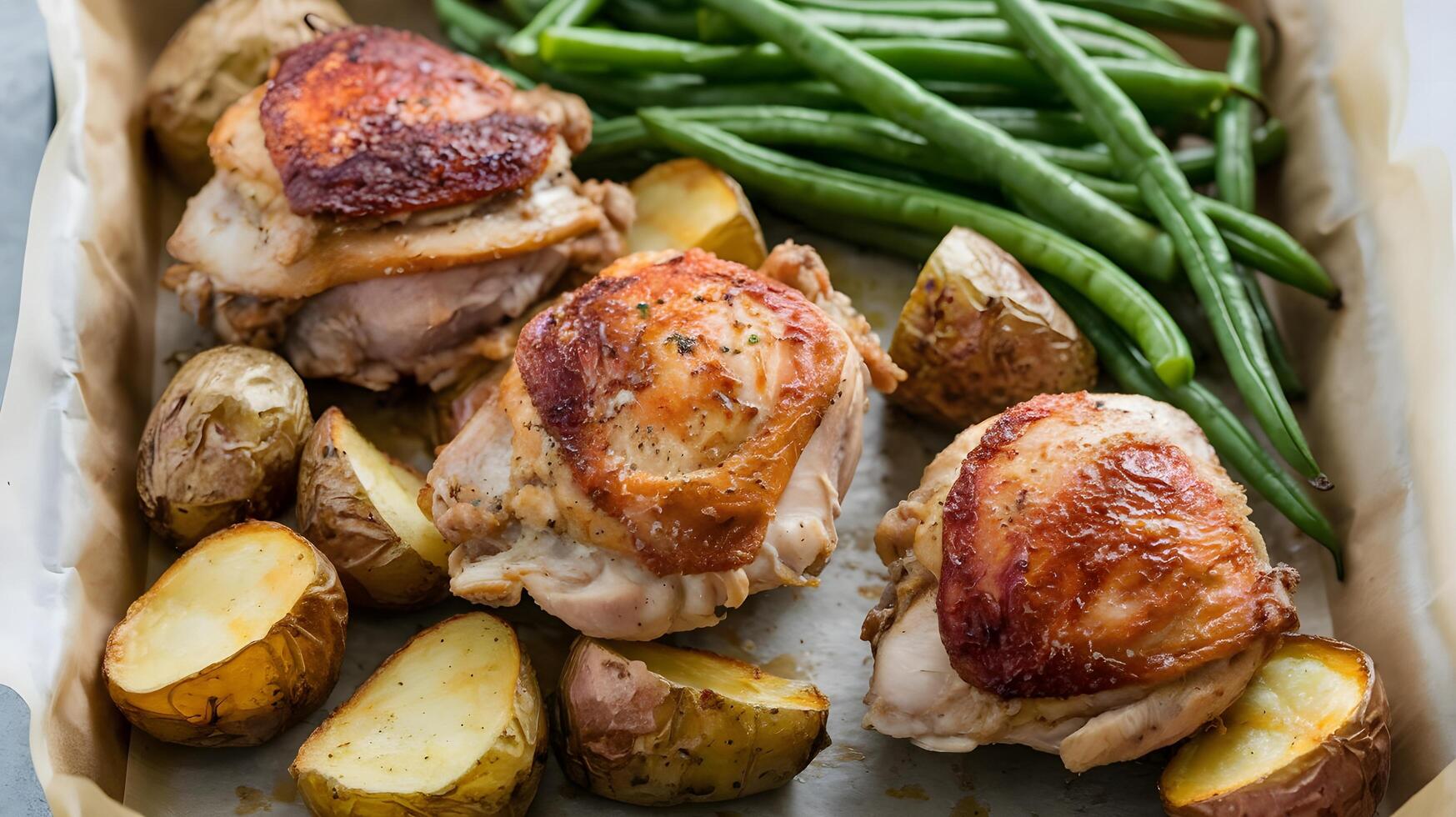 Chicken thighs, potatoes and green beans on a baking sheet photo