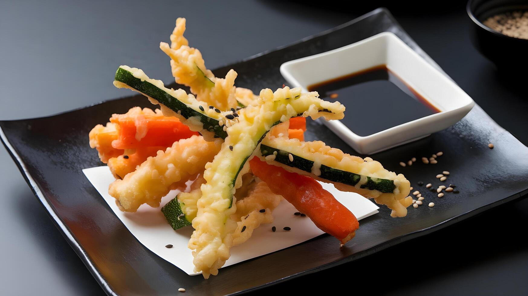 Fried vegetable with sauce on a black plate photo