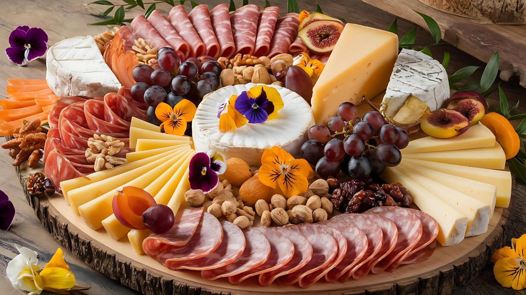 A platter of cheese, meat, and fruit photo