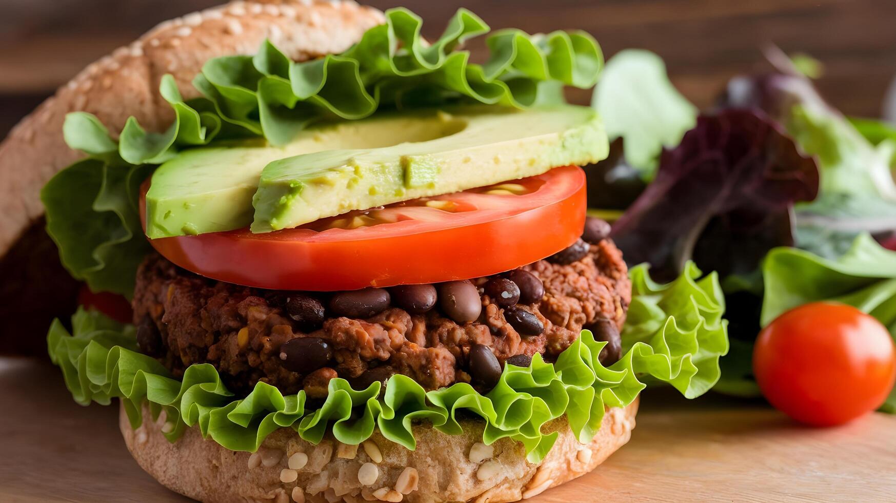 A hamburger with tomatoes, lettuce and avocado photo