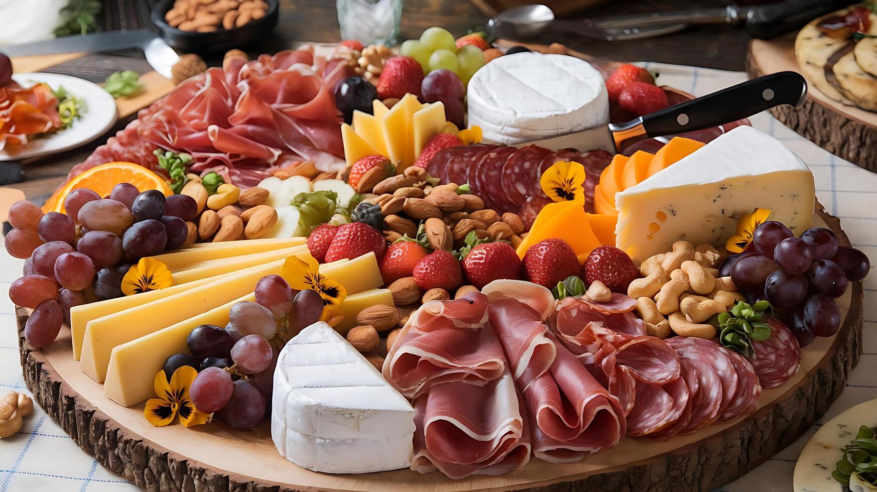 A platter of meat, cheese, fruit and nuts photo