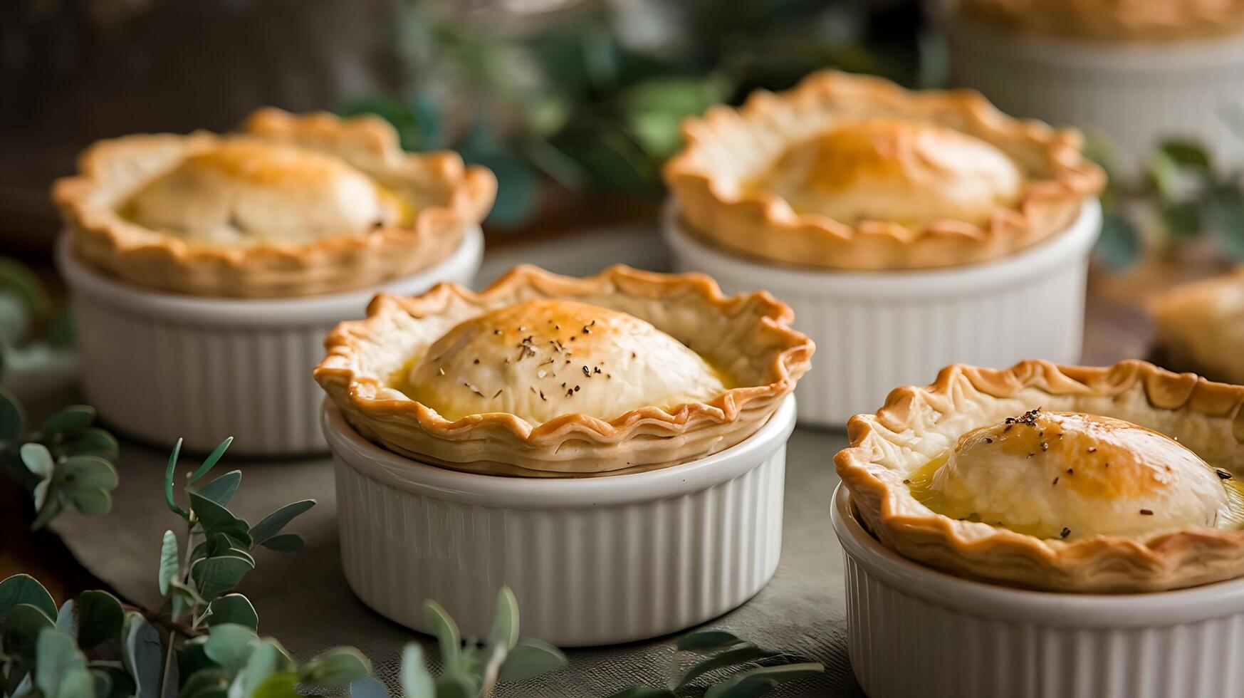 Small pies in white dishes on a table photo