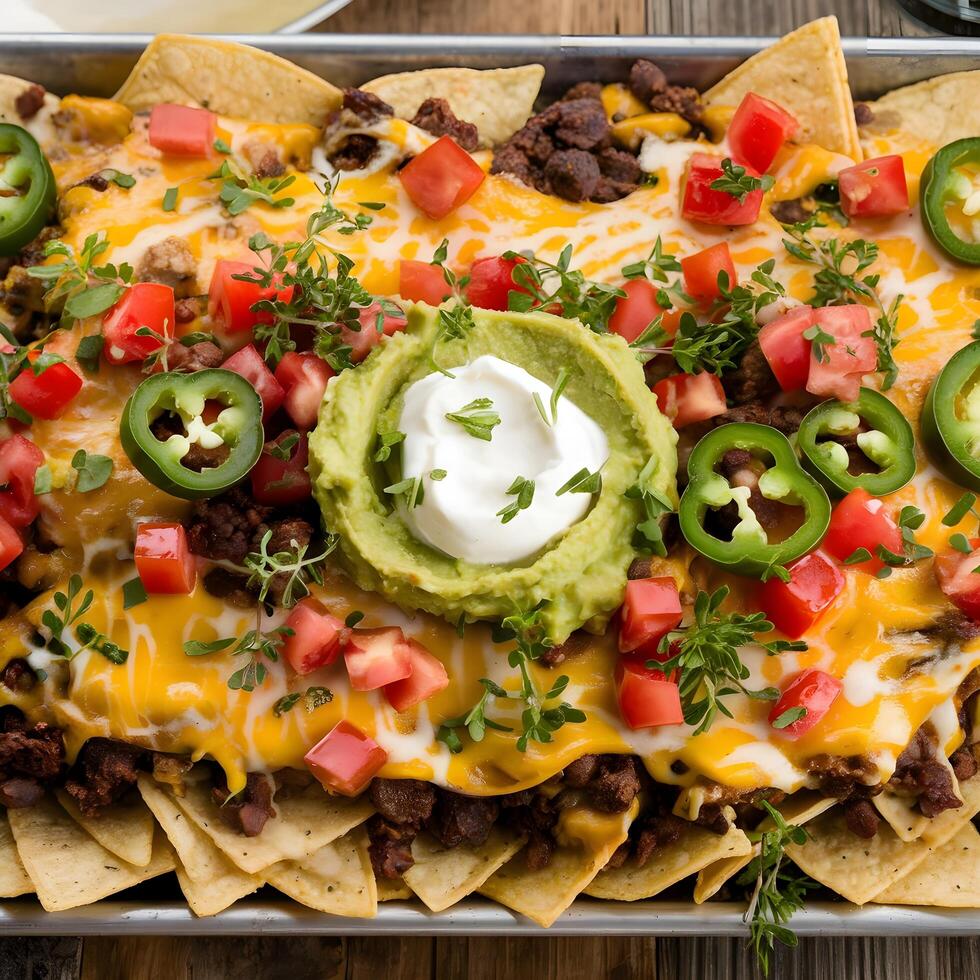 A pan of nachos with guacamole and sour cream photo