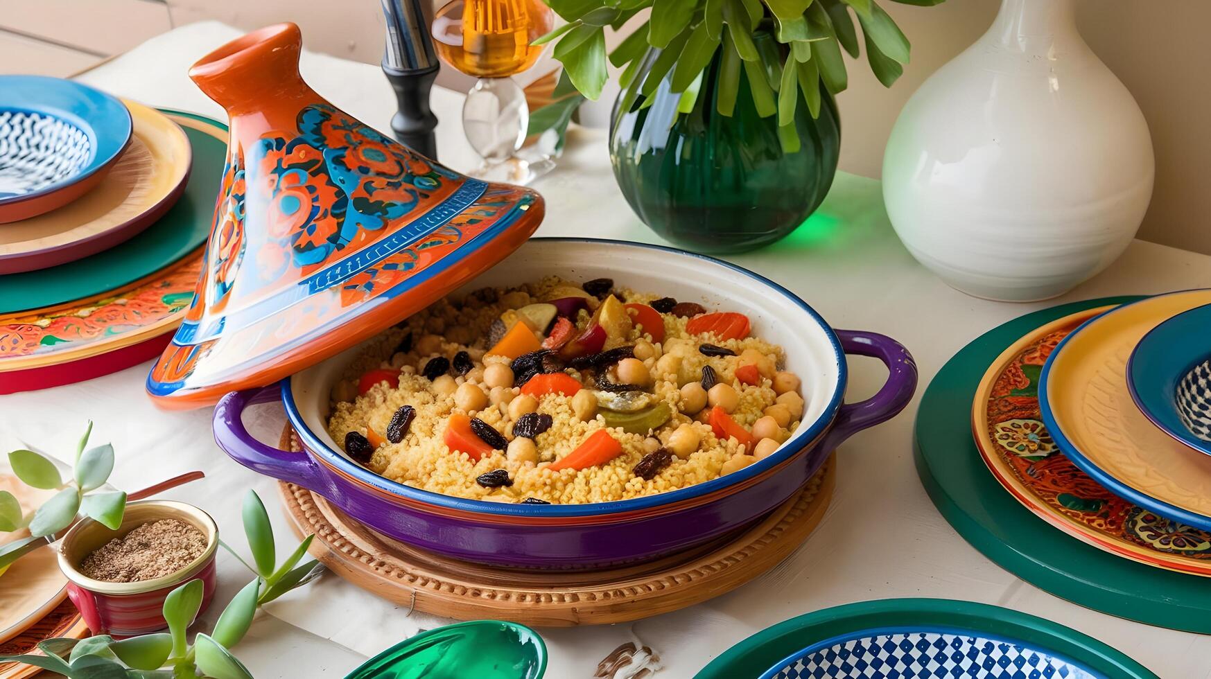 A colorful table setting with plates, bowls and a pot photo