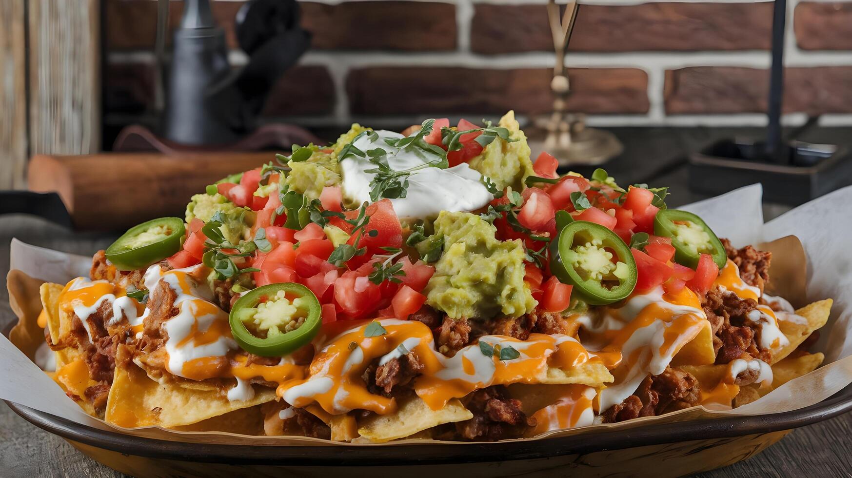 A plate of nachos with toppings and a bottle of beer photo