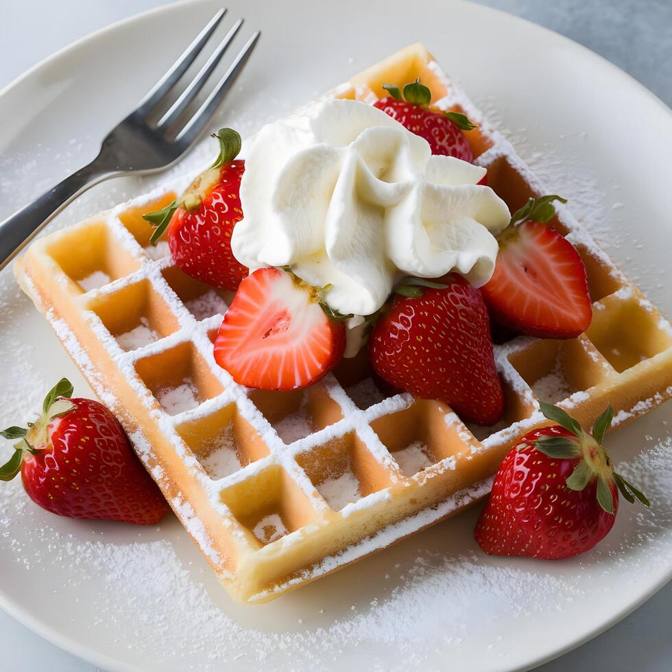 A waffle with whipped cream and strawberries on a plate photo