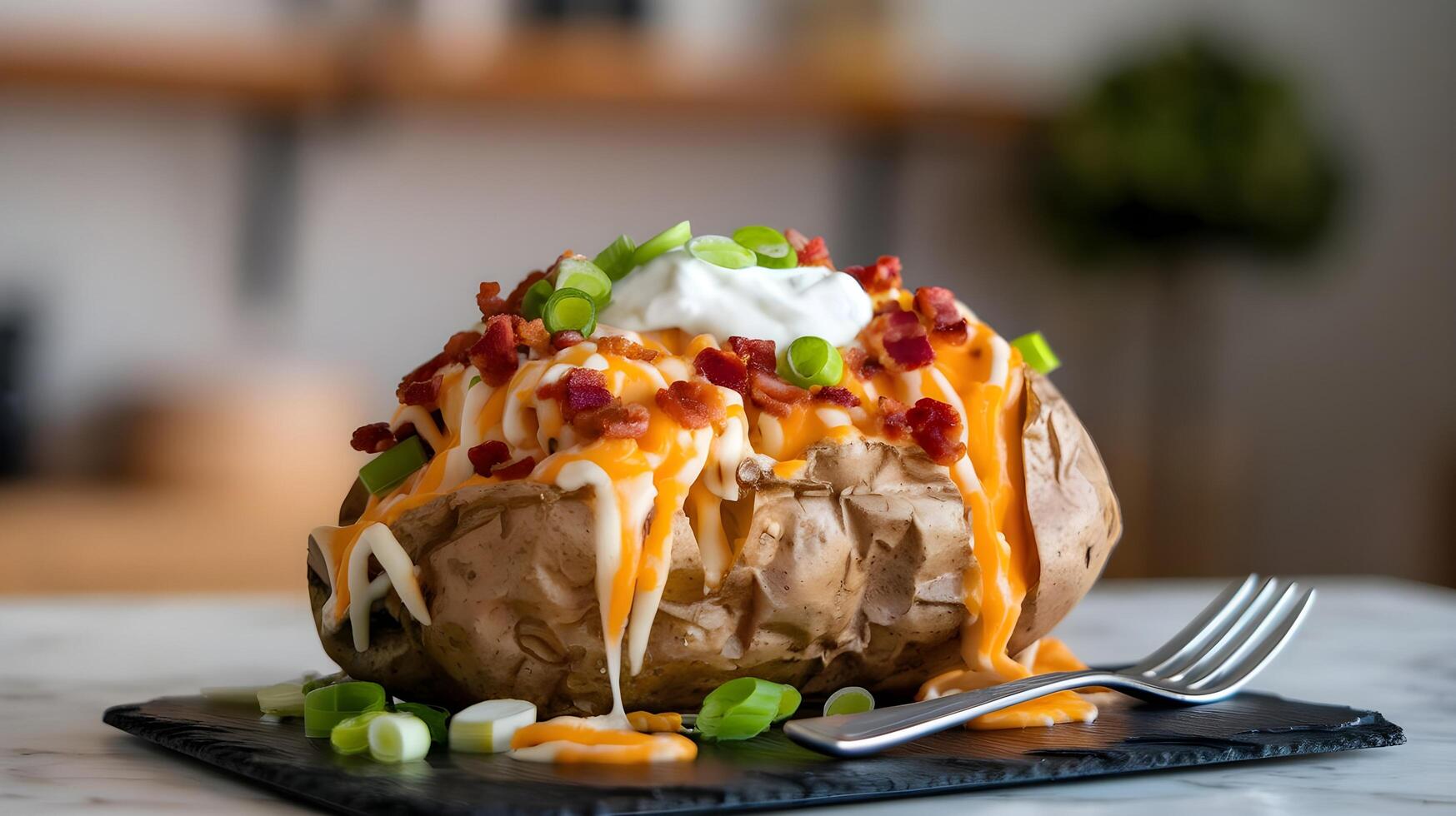 A baked potato topped with cheese and green onions photo