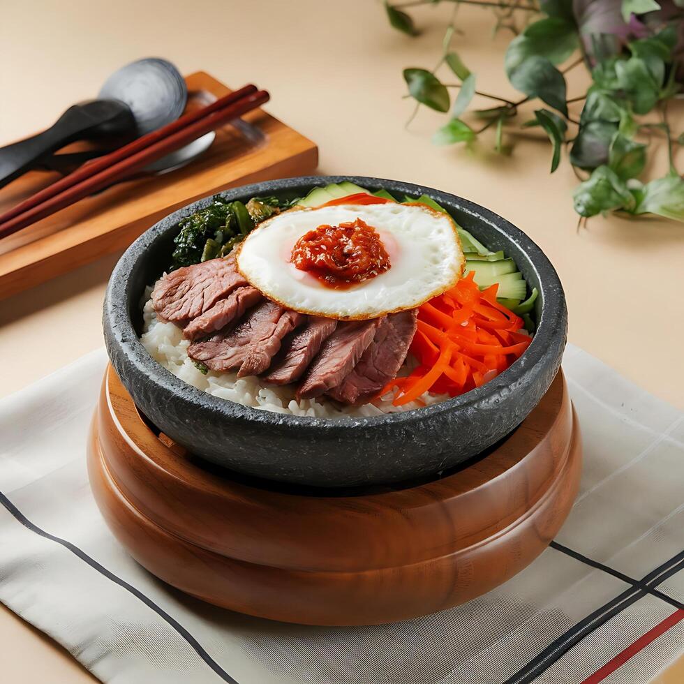 A bowl of food with meat, rice and vegetables photo