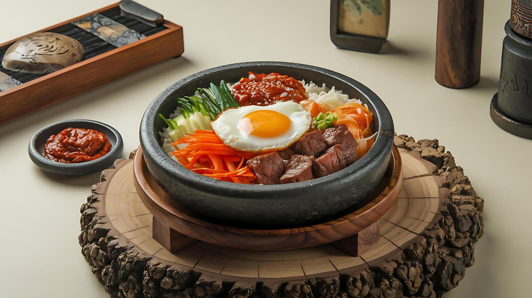 A bowl of food with an egg on top photo