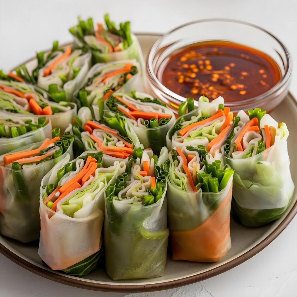 A plate with several spring rolls and dipping sauce photo