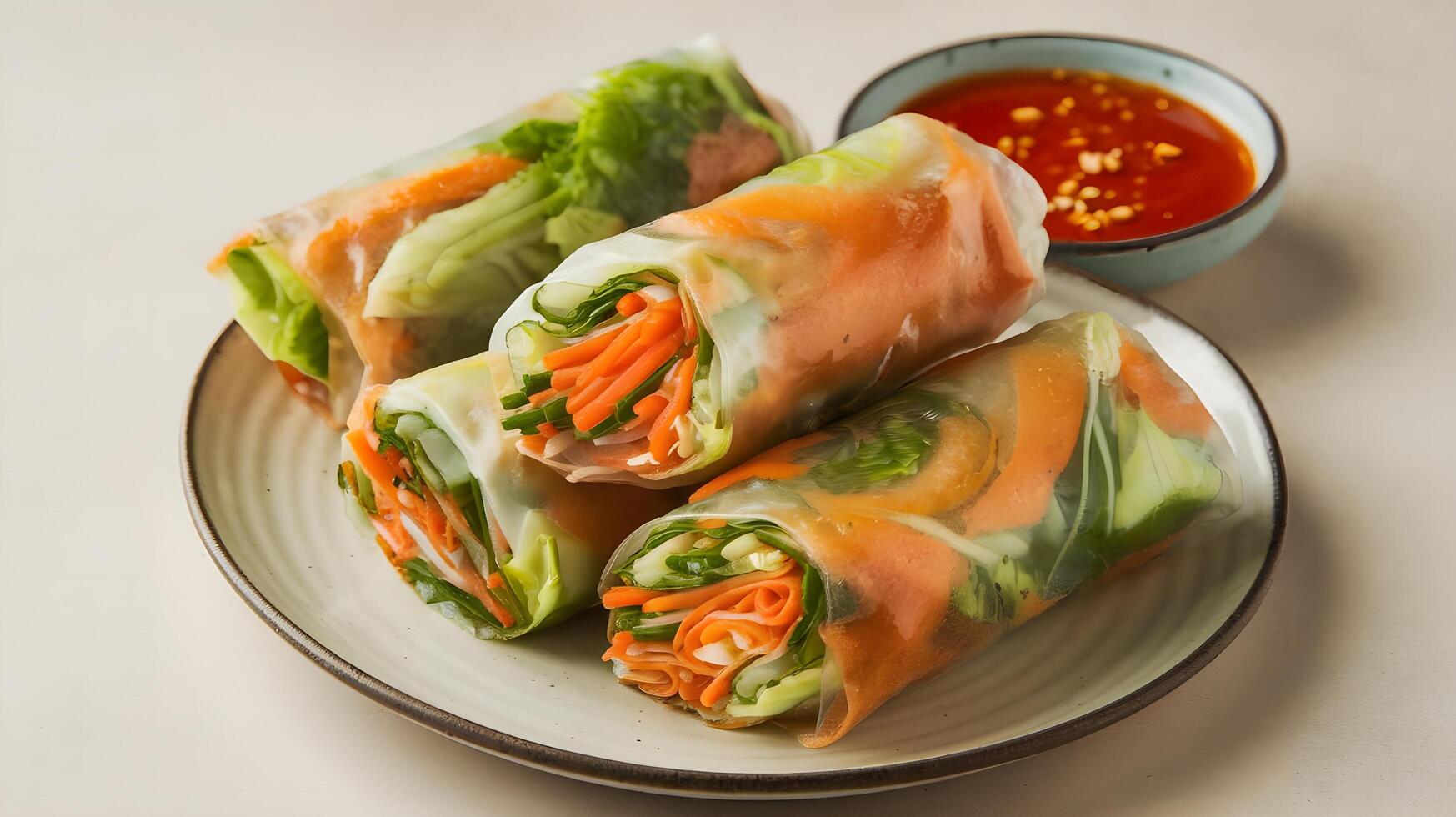 A plate with several spring rolls on it photo
