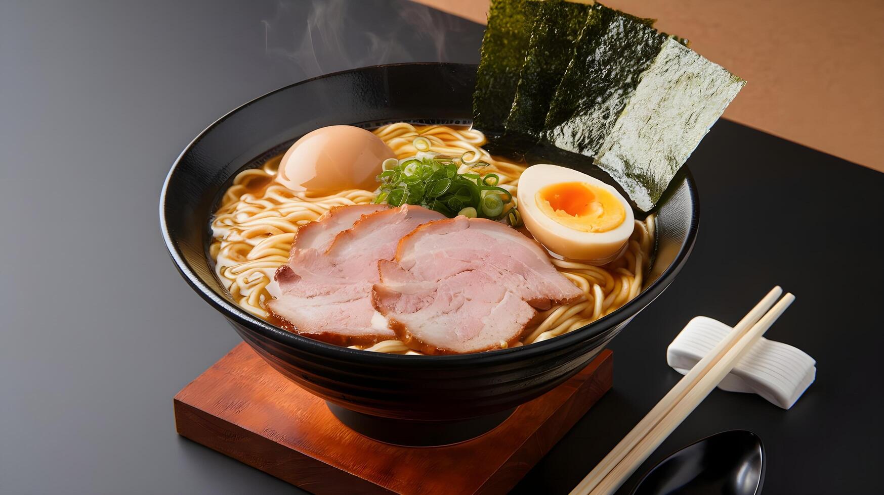 A bowl of ramen with meat, eggs and vegetables photo