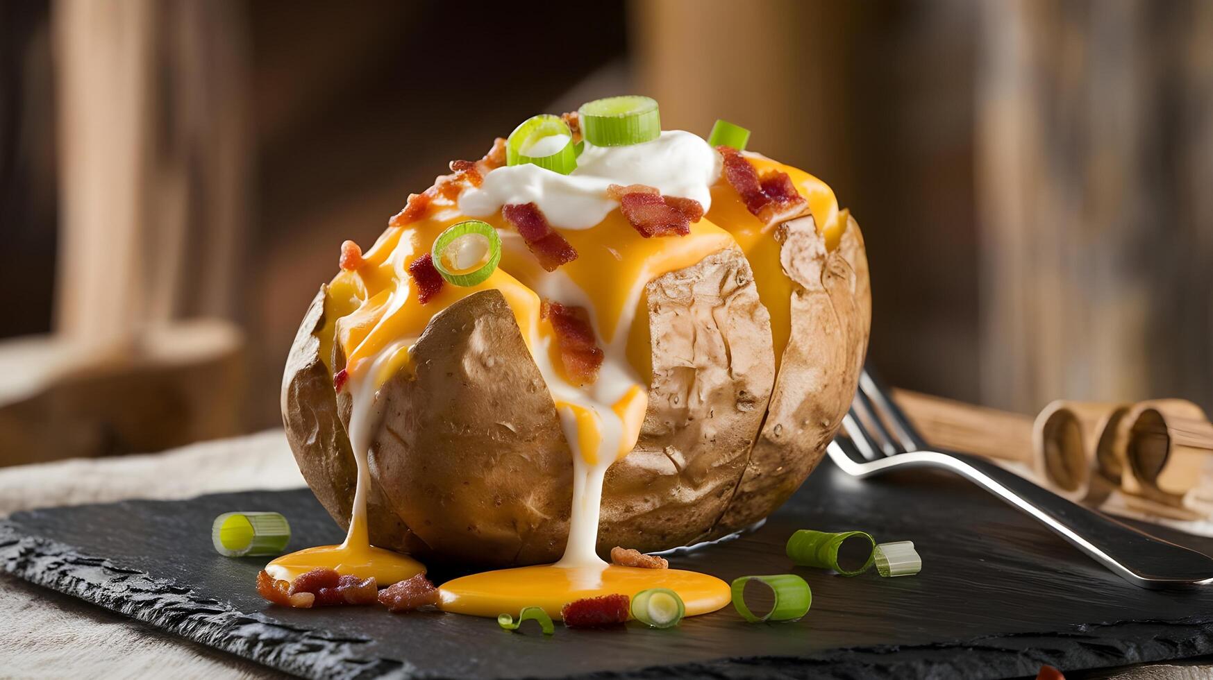 A baked potato topped with cheese and green onions photo