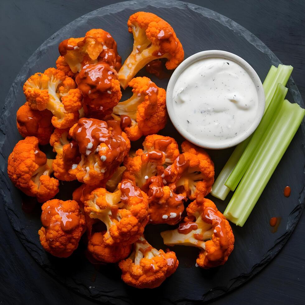 A plate of cauliflower with ranch dressing and celery photo