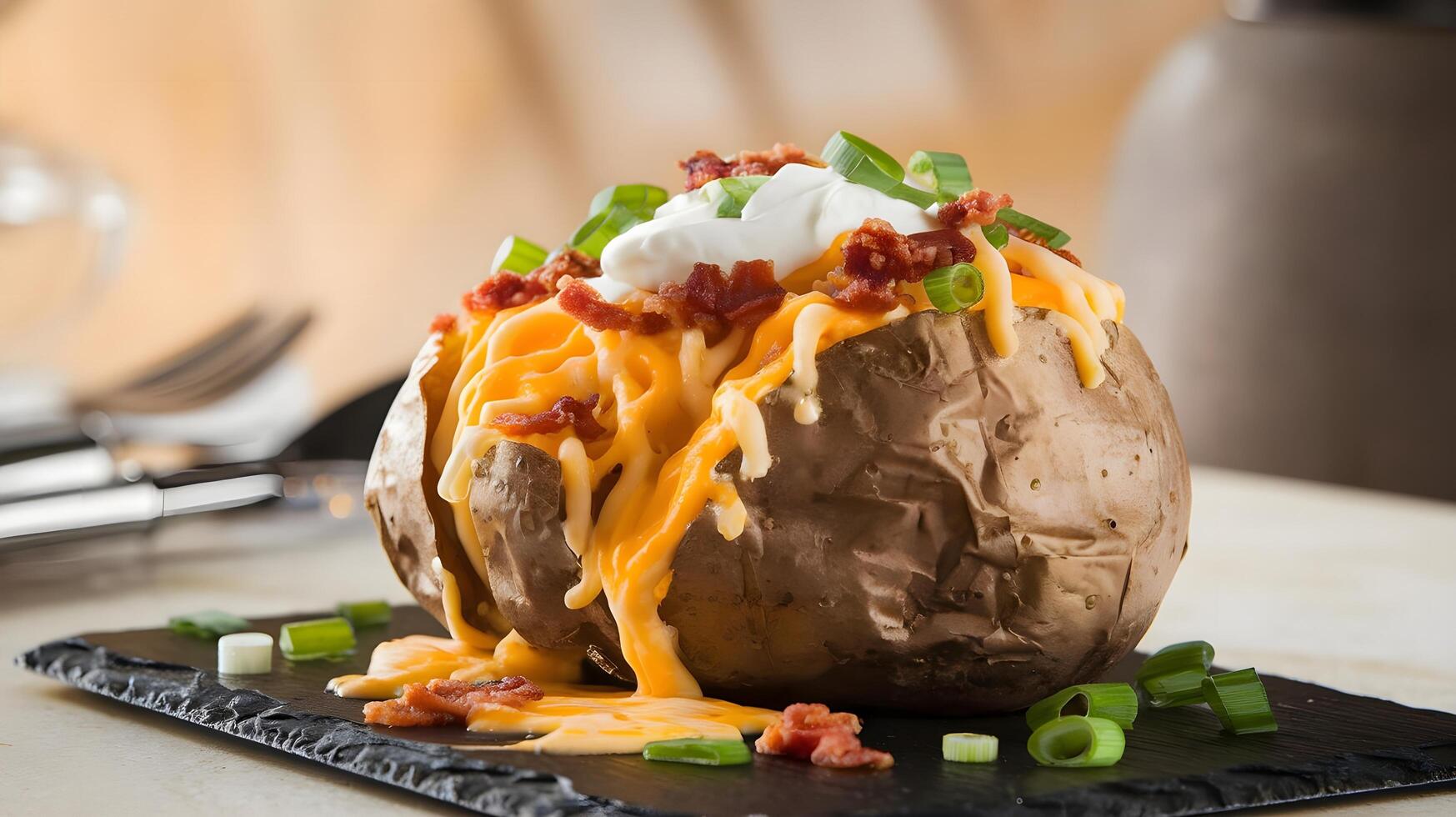 A baked potato topped with cheese and green onions photo