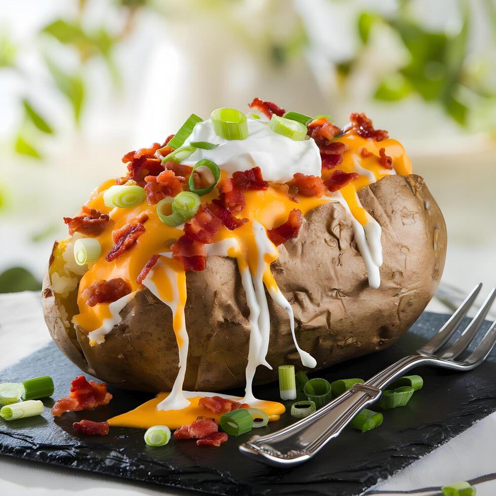 A baked potato topped with cheese and green onions photo