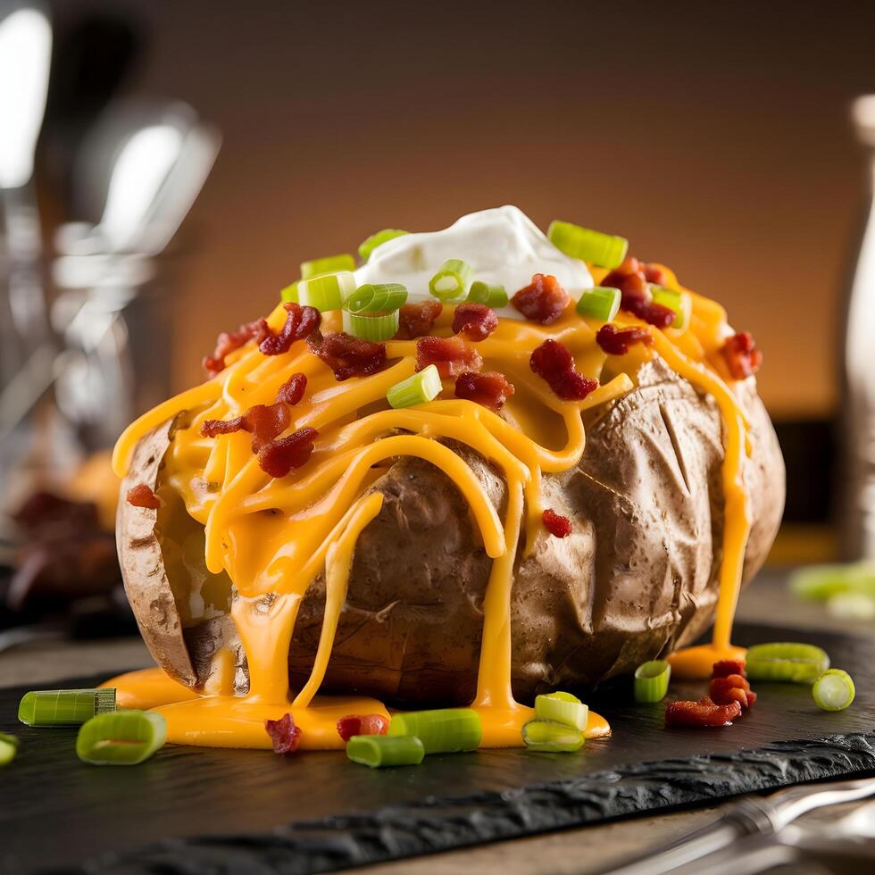 A baked potato topped with cheese and green onions photo
