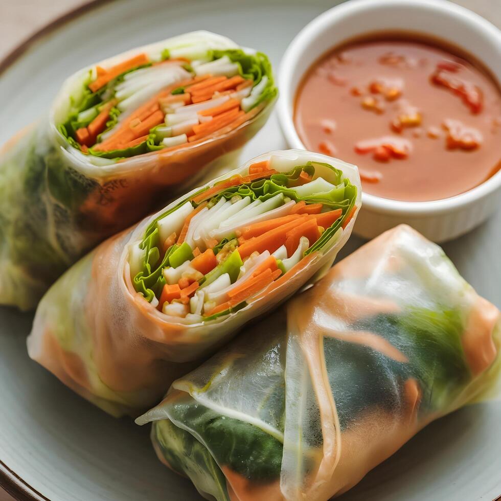 A plate with three spring rolls and a bowl of sauce photo