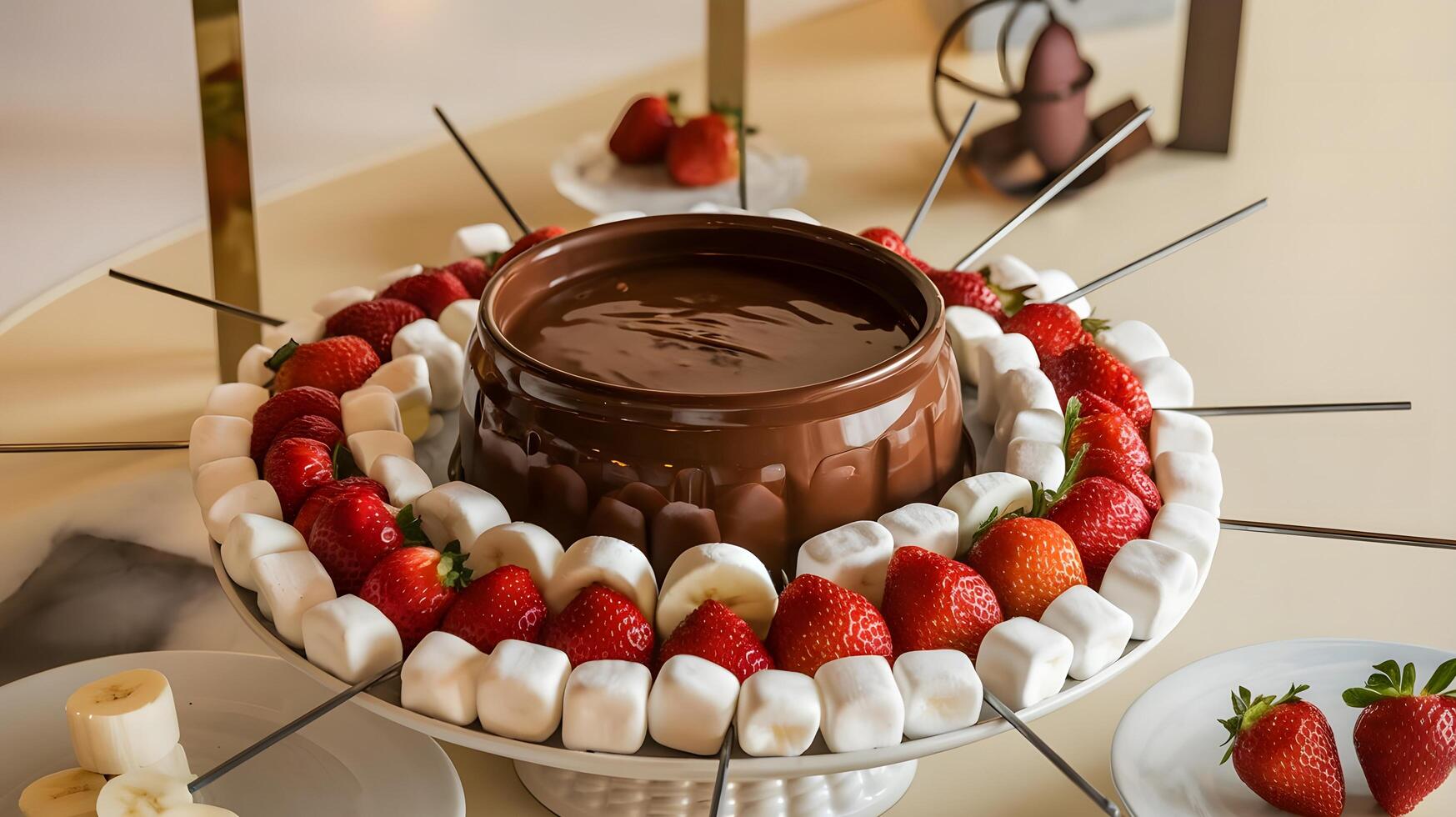 A chocolate fountain with strawberries and bananas photo