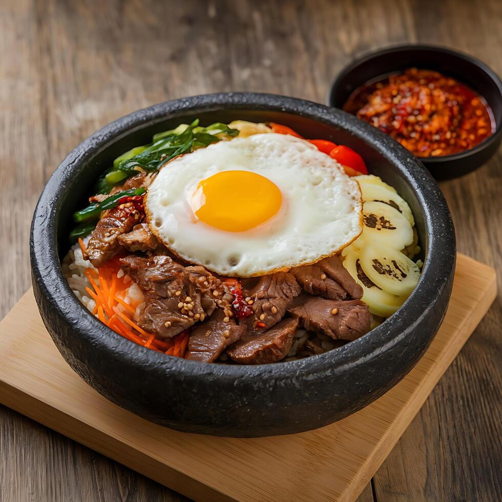 A bowl of food with an egg on top photo
