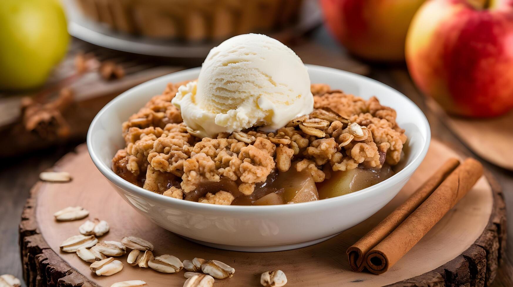 Apple crisp with ice cream in a bowl photo