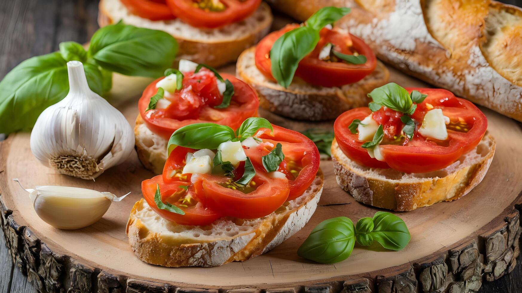 Small bread with tomatoes and garlic on a wooden board photo
