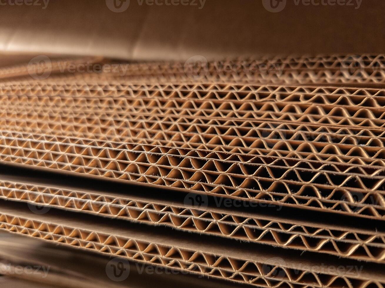 Close-up view of stacked corrugated cardboard layers, showcasing the intricate wave structure and texture, ideal for concepts like packaging, recycling, industry, and material design photo
