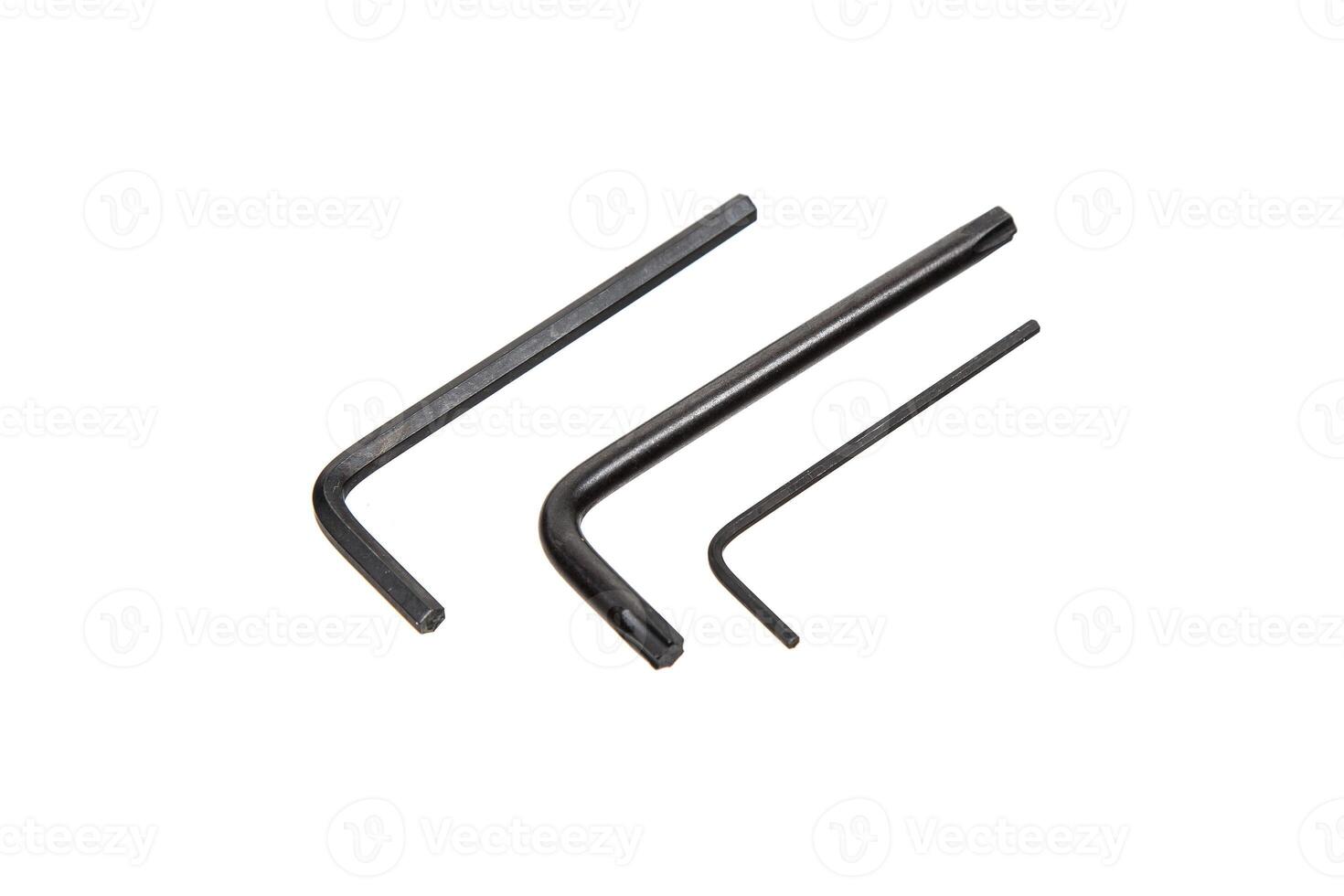 Three different sizes of L-shaped hex keys, also known as Allen wrenches, are displayed against a white background photo
