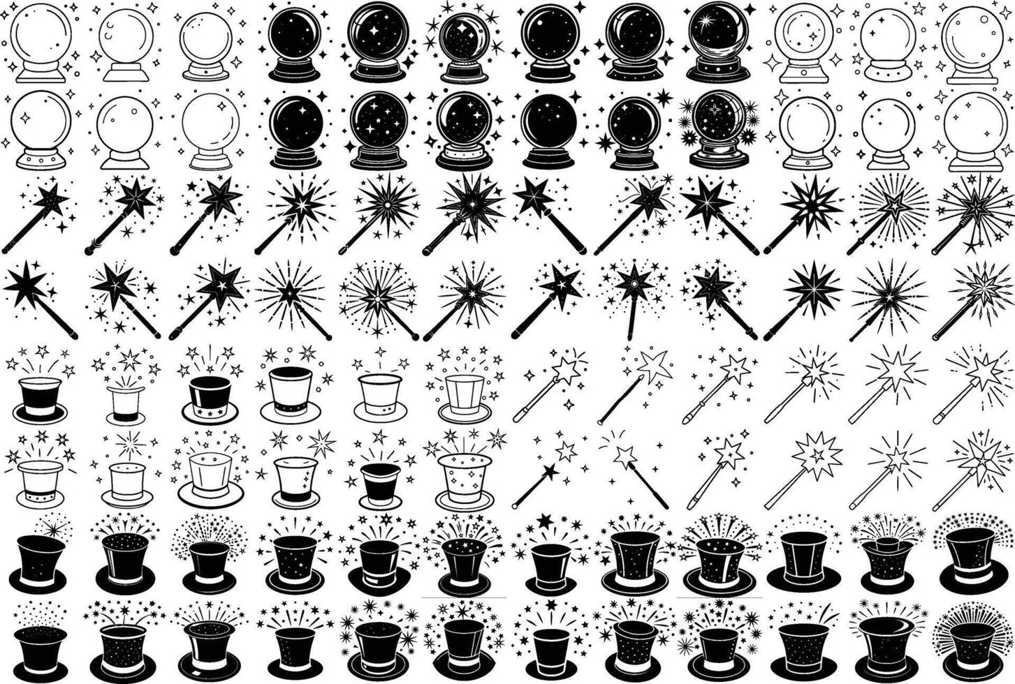 Magic Elements Collection with Crystal Balls, Wands, and Top Hats in Black and White vector