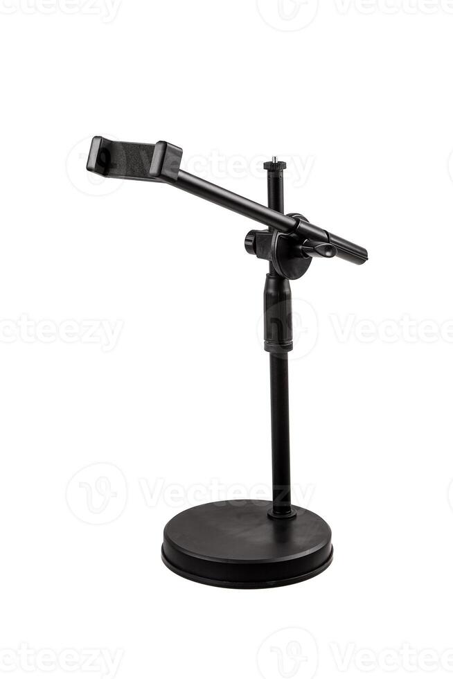 Adjustable smartphone holder stand with a flexible neck and sturdy base, isolated on a white background. photo