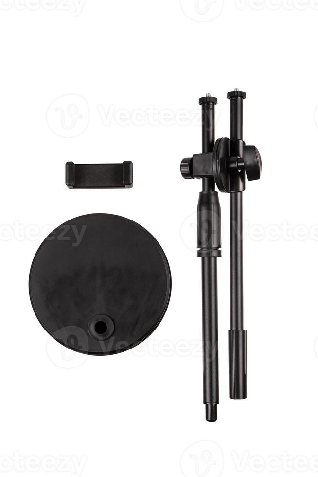 Adjustable smartphone holder stand with a flexible neck and sturdy base, isolated on a white background. photo