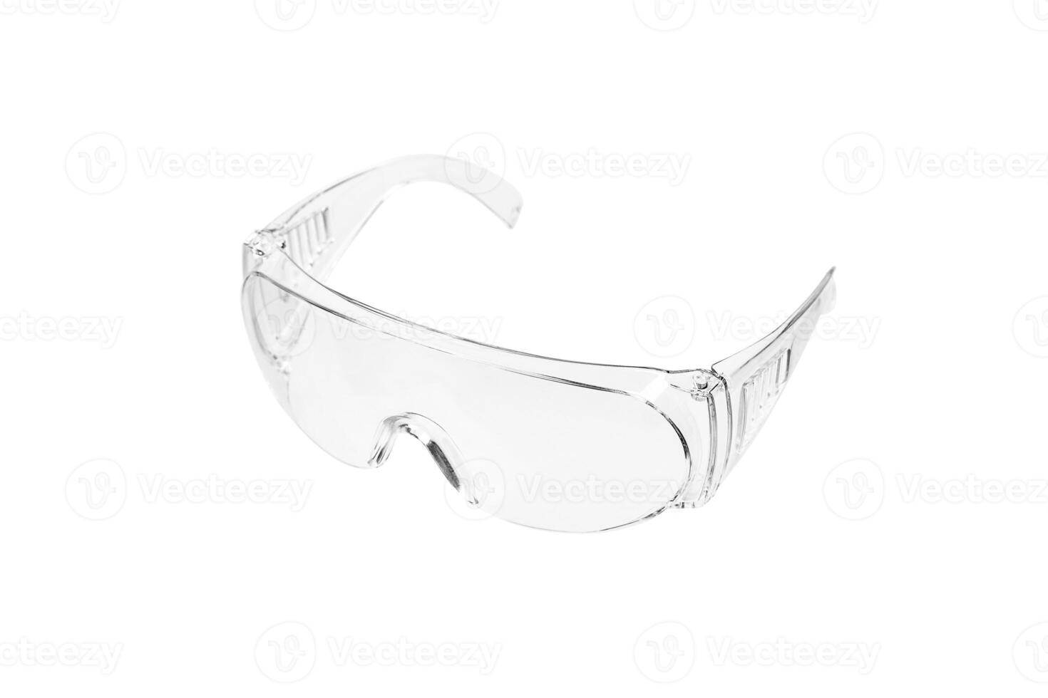 Clear safety goggles with wraparound design, transparent lenses, and side shields for eye protection in industrial or laboratory settings photo