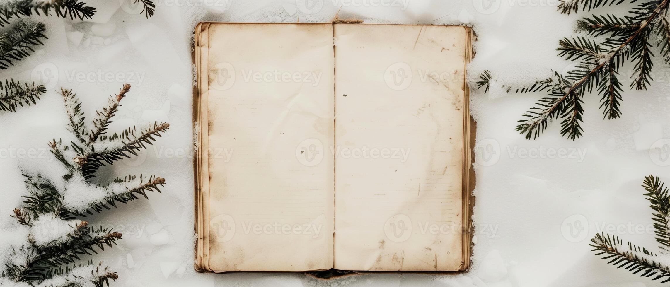 An open vintage book lies on snow, surrounded by snow-covered pine branches. photo