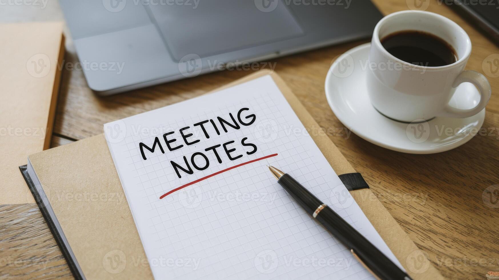 Meetings notes on notebook with coffee and pen photo