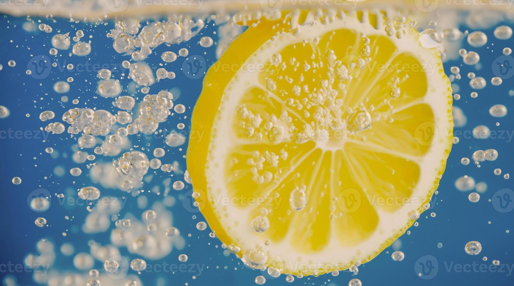 Underwater lemon slice in soda water or lemonade with bubbles. photo