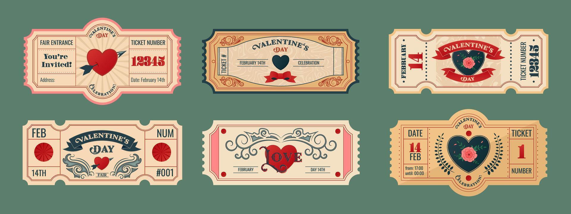 Valentines Day tickets for festival and fair, games, dates and other events. Paper stickers with heart drawings, frames, text and abstract ornamental decorations. Set of design elements. vector