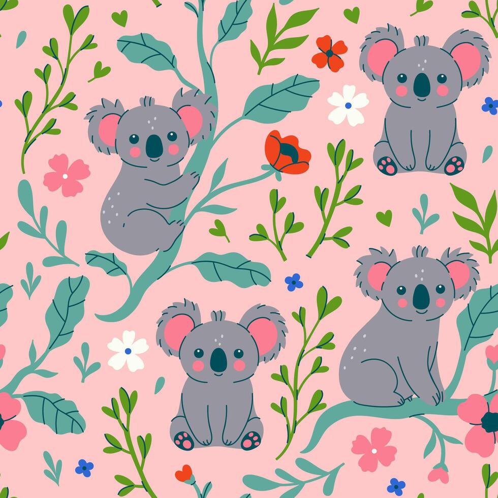 Seamless pattern with cute koalas and flowers. graphics vector