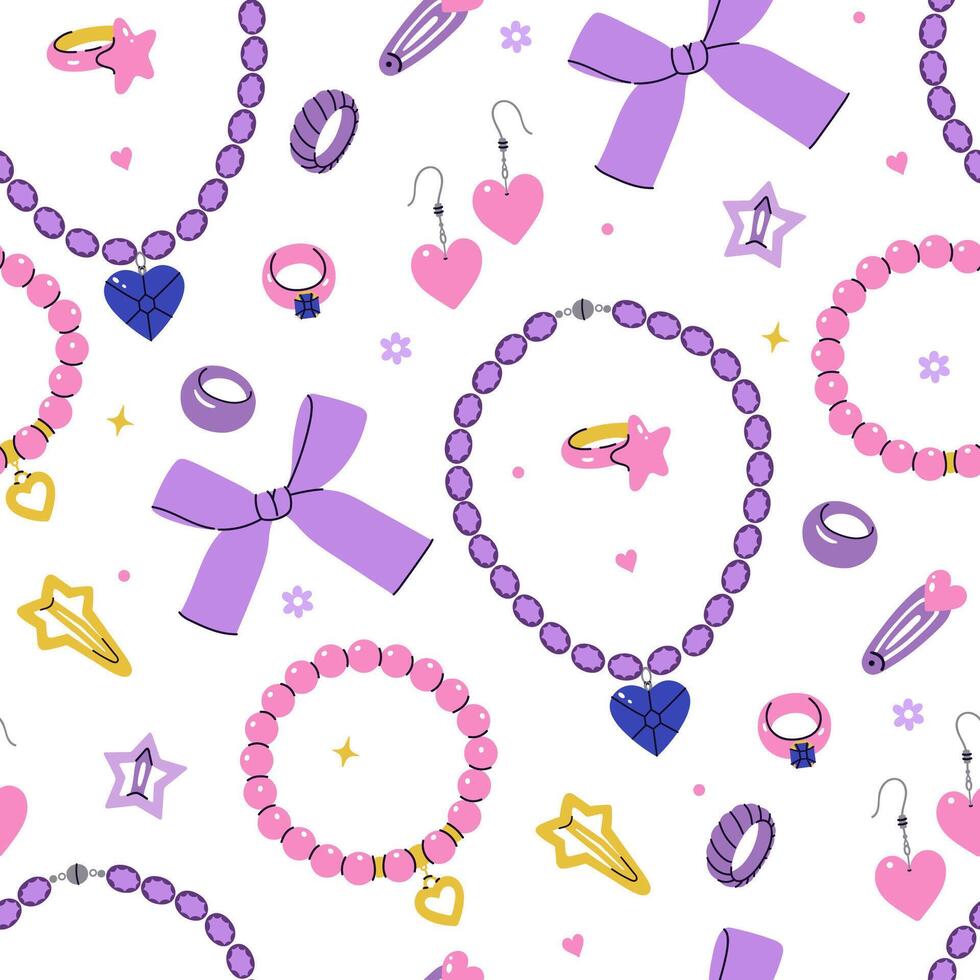 Seamless pattern with cute girly plastic jewelry. graphics vector